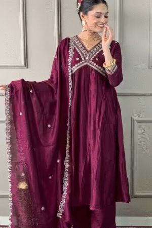 Stylish Wine Anarkali Kurta Set